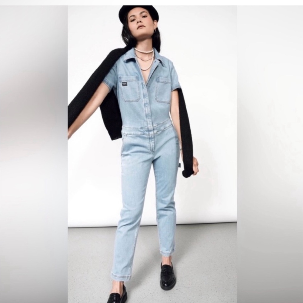 WILDFANG Denim Coveralls The Essential Short Sleeve Pants Workwear Jumpsuit